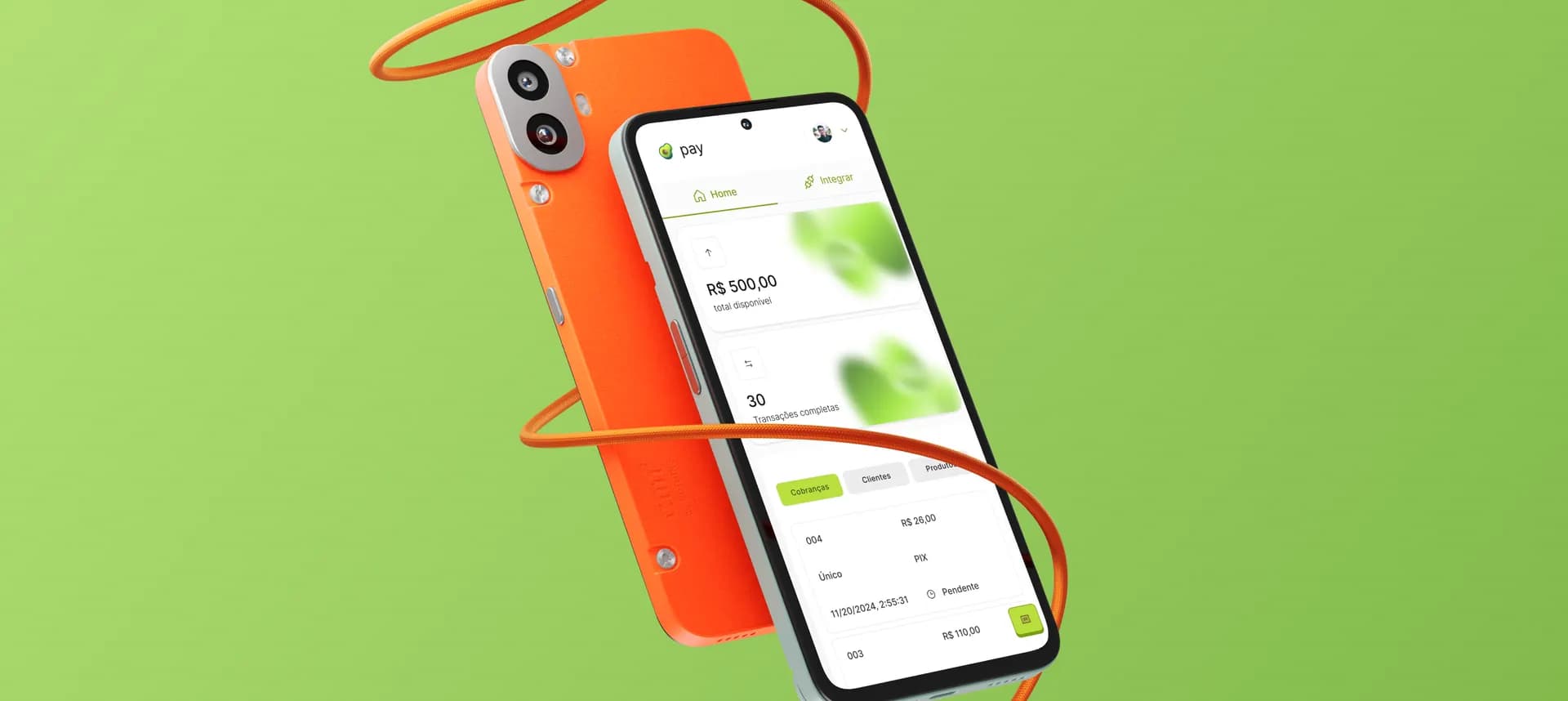 Abacate Pay — composition with a phone showing the PIX charge app and decorative green and orange blocks