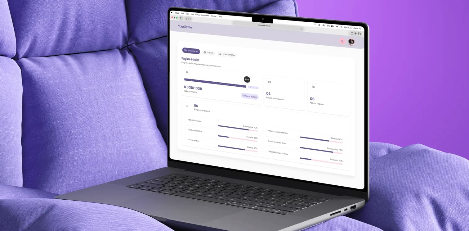 YourSelfie — photographer dashboard open on a laptop over a purple sofa